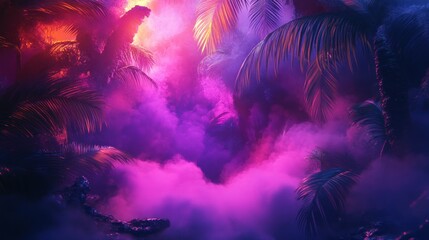 Palm Trees Silhouetted Against Purple and Pink Smoke