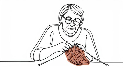 Single continuous line drawing of Grandma with glasses knits a scarf