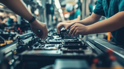 Close-up of factory workers' hands working on delicate assembly tasks, focus on detail and craftsmanship, high-tech surroundings