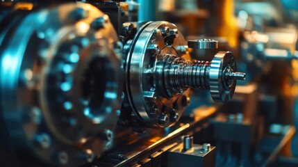 Fototapeta premium Close-up of industrial machines at work, highlighting the precision and complexity of the equipment, heavy industry atmosphere
