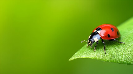 Fototapeta premium Detailed Close up View of a Crimson Spotted Ladybug Crawling on a Vibrant Green Leaf