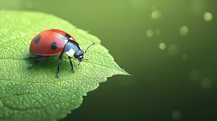 Naklejka premium Detailed Macro View of a Ladybug Crawling on a Green Leaf
