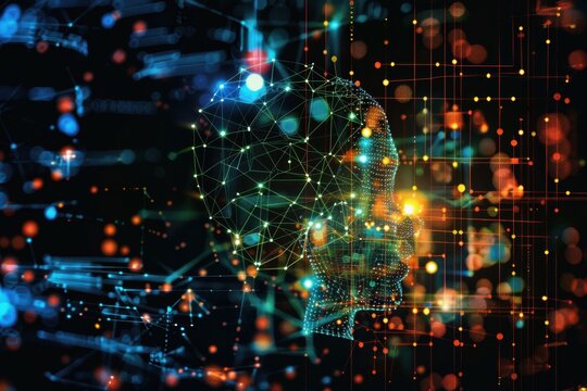 Abstract background visualizing AI algorithms, neural networks, and digital data.