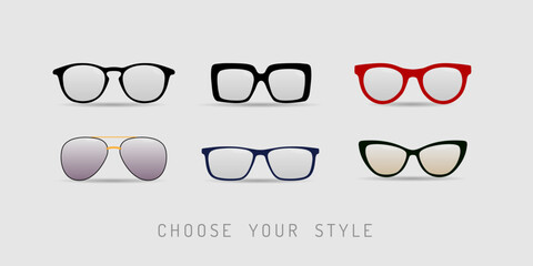 Collection of modern glasses in various designs and colors, advertising design
