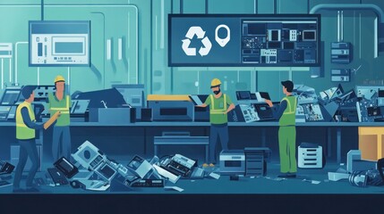Green electronics disposal process, showcasing a variety of electronic items being sorted and dismantled, emphasis on reducing environmental impact, diverse team, eco-friendly environment