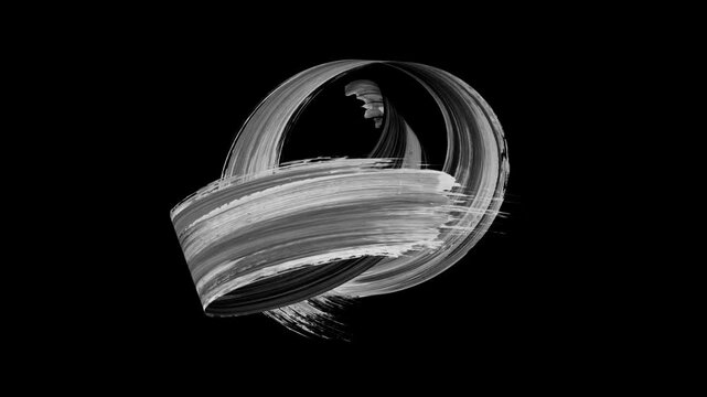 creative 3D animation. Animated black and white smear. Monochrome brush stroke moves in a spontaneous curvy trajectory on black background. Abstract shape drawn with paint