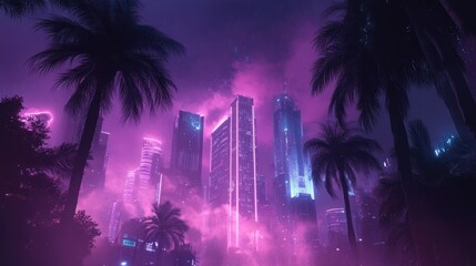 Obraz premium Neon-Lit Skyscrapers with Palm Trees in a Pink Foggy Night