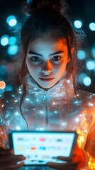 Enchanted Girl Scrolling Through Social Media on Futuristic Tablet at Night