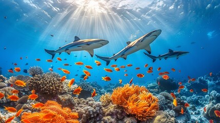 Fototapeta premium Vibrant underwater scene featuring sharks and colorful tropical fish in a coral reef habitat