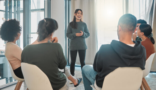 People, group and psychologist for counseling, therapy and mental health with support, empathy or care. Women, therapist and communication for help, anxiety and depression with psychology and healing