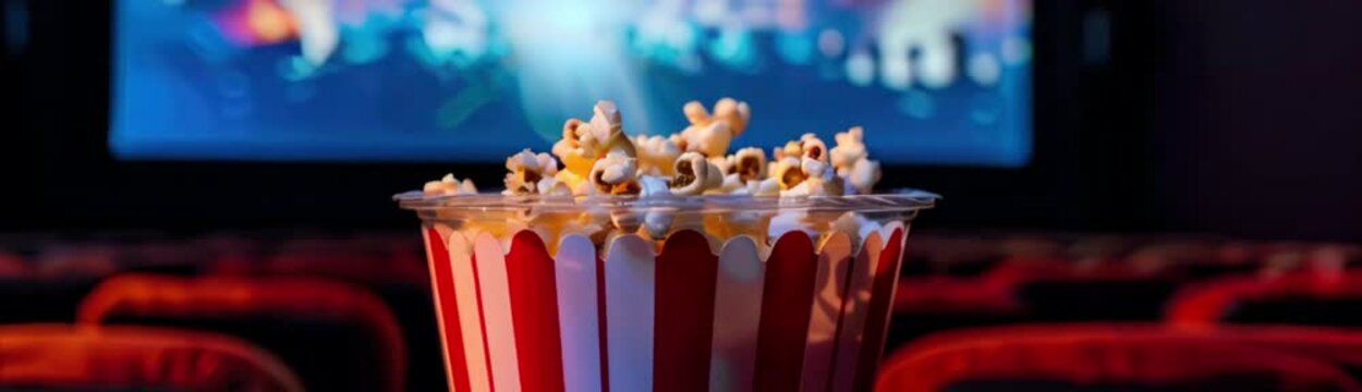 Popcorn paper box in movie theatre. Red seats and screen at the cinema. Red and white plastic glass full of popcorn 
