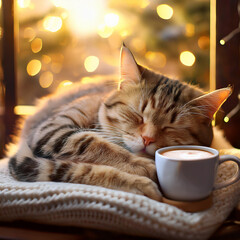 a cat with a cup of coffee