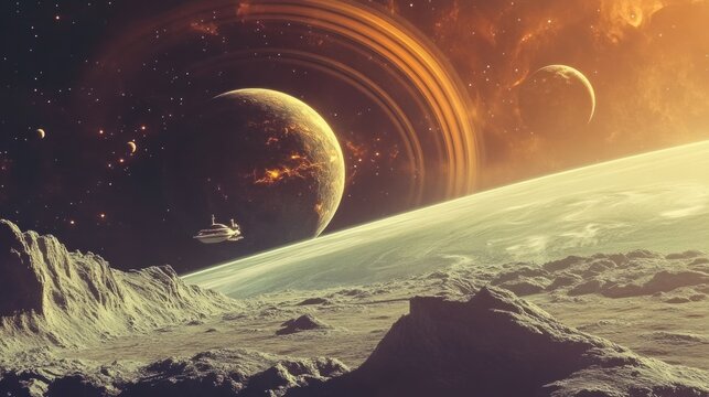 Outer space, distant planet with rings and moons, spacecraft exploring the unknown, emphasis on discovery and adventure