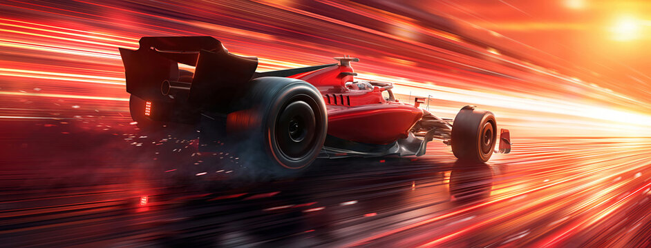 Powerful acceleration of a generic red formula one car on on the night racing track with light strips and motion blur. The concept of fast and powerful technology. 3d illustration	
