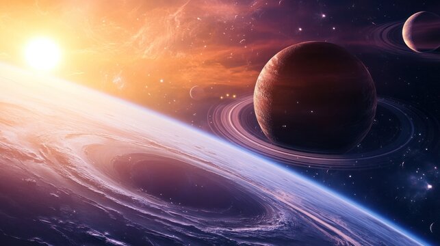 Outer space, distant planet with rings and moons, spacecraft exploring the unknown, emphasis on discovery and adventure