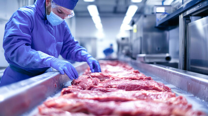 A dedicated worker in blue protective clothing meticulously prepares tuna fillets on a bustling processing line, showcasing precision and skill