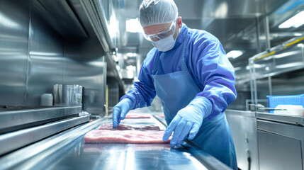 In a modern fish processing facility, a dedicated worker in protective gear skillfully prepares fresh tuna, emphasizing hygiene and quality control in seafood production