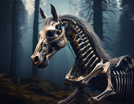  Skeleton horse in a dark forest, evoking a spooky, mysterious atmosphere with nature's deca_1(781)