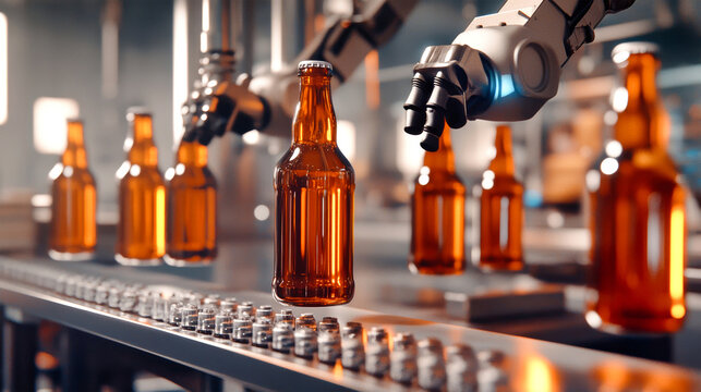 Robotic arms skillfully maneuver brown glass bottles, showcasing advanced technology in a bustling brewery during the bottling process