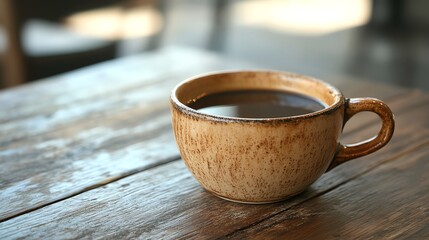 A steaming cup of coffee sits on a rustic wooden table.