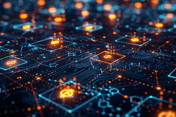 Conceptual blockchain network with interconnected digital nodes, vibrant data flows, and glowing cryptocurrency symbols, creating a visual representation of a decentralized financial system in