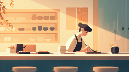 A pristine sushi bar with clean lines and minimalist d&eacute;cor, a sushi chef carefully preparing rolls behind the counter