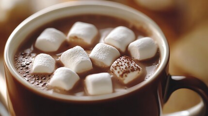 A mug of hot chocolate topped with marshmallows, perfect for a cold day.