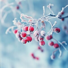 Close-up of red berries covered in frost in a cold season of the year. Red berries in a landscape covered in snow and ice.