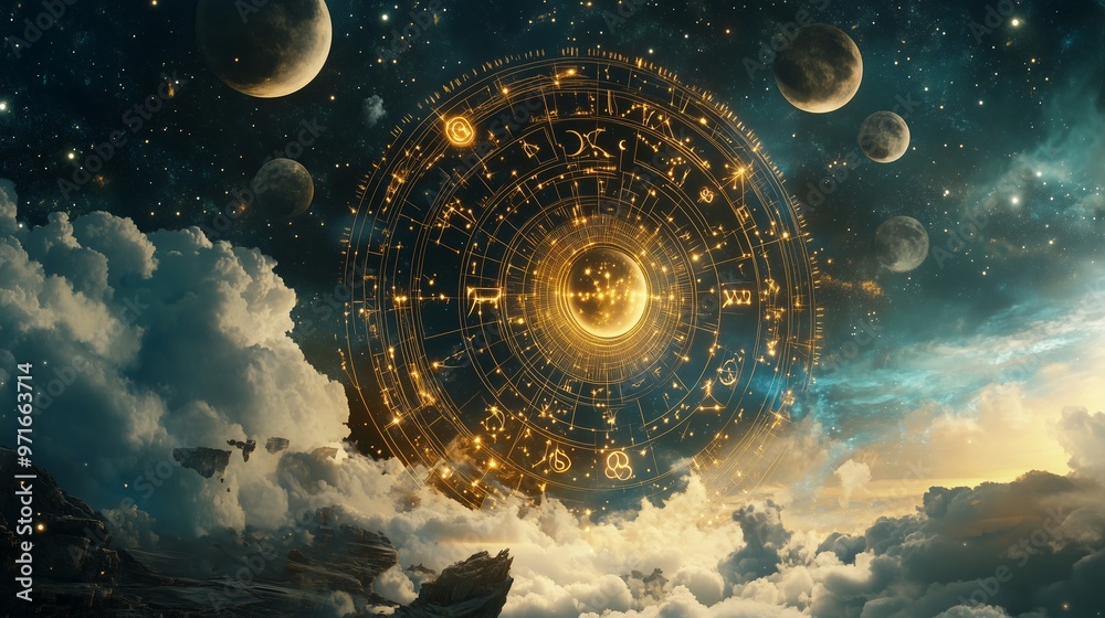 Wall mural celestial astrological chart illuminated against a backdrop of stars and planets