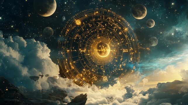 Celestial astrological chart illuminated against a backdrop of stars and planets