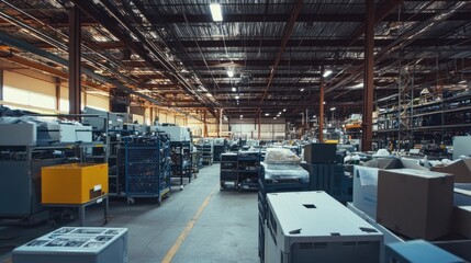 Fototapeta premium Zero waste electronic disposal center, highlighting processes that ensure no electronic waste goes to landfills, clean and organized space, advanced recycling technologies in use