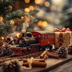 Miniature Christmas Train Set with Festive Decorations