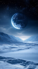 Frozen Planet in Deep Space Over Icy Landscape