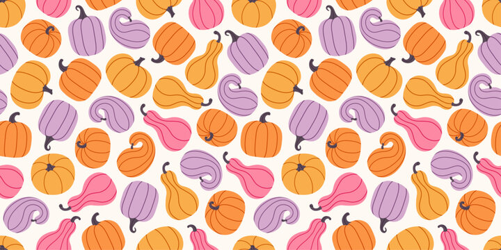 Seamless autumn pattern with pastel pumpkins and gourds in orange, purple, pink, and yellow colors. Thanksgiving Day. Harvest backdrop. Background for fall seasonal decorations, and cozy home decor.