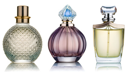  set of collection of various fragance glass cut out , isolated on white background