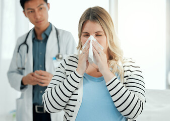 Clinic, advice and prescription with woman and blowing nose for medicine, sick and disease....
