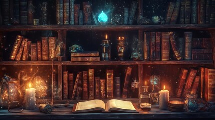 Obraz premium A cozy library filled with ancient books, glowing candles, and magical artifacts set in a mystical atmosphere at night