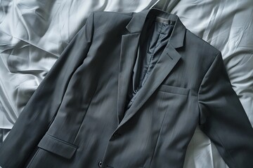 Detailed flat lay of a business casual outfit featuring a stylish blazer and slacks, showcased on a sleek.