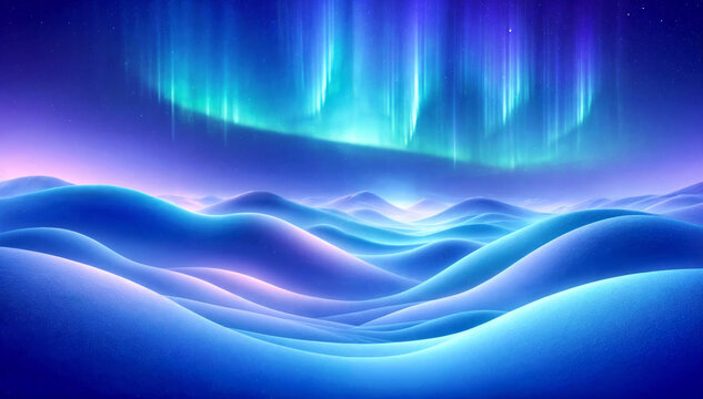 abstract landscape of the Aurora Borealis, gentle arcs of blue and violet light over softly rolling snowy mountains