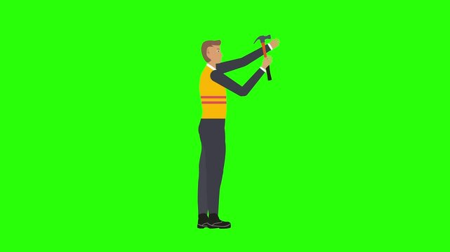 Cartoon animation of builder man character working with hammer on green screen