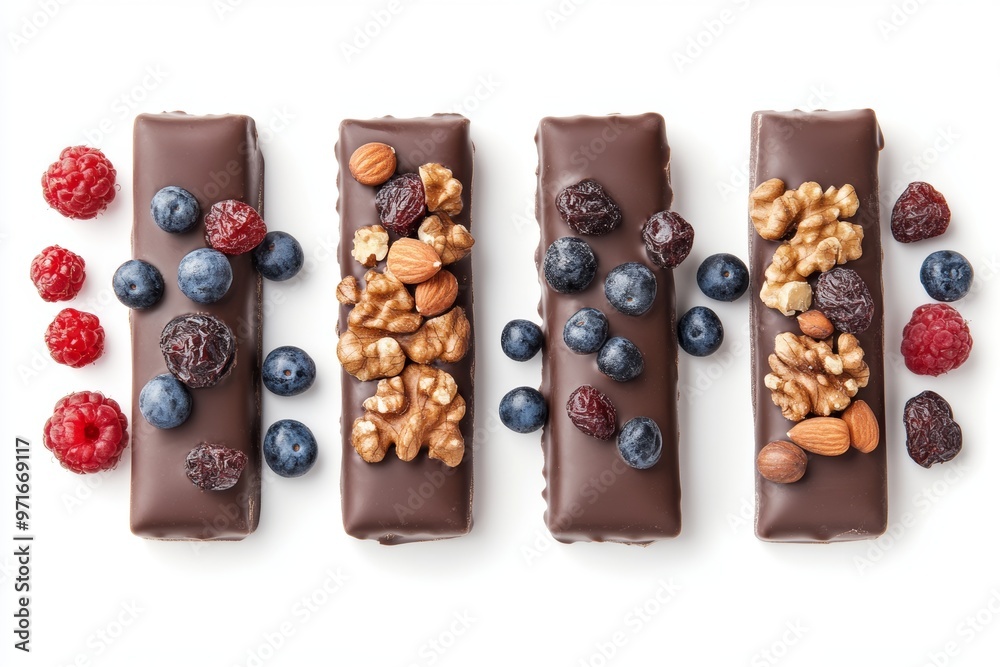 Wall mural Various chocolate bars with fruit toppings and nut additions offer a delicious and healthy sweet treat for dessert.