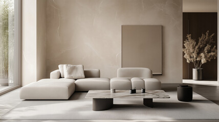 Modern minimalist living room with a beige sofa and a coffee table