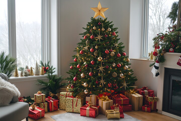 A beautifully decorated Christmas tree adorned with rich red baubles, sparkling green tinsel, and gold star garlands