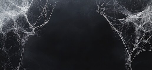 Black background with white spider webs, hanging from the left and right sides of the screen The webs are thin and long Generative AI
