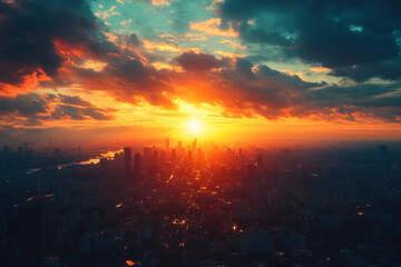 Fototapeta premium A breathtaking sunrise over vibrant cityscape, showcasing interplay of colors in sky as sun rises above horizon, illuminating urban landscape