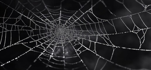 White spider webs on a black background, top view Black and white vector illustration of cobwebs with water drops, isolated on a dark background Generative AI