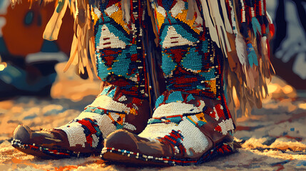 Intricate beaded native american moccasins and regalia at powwow in arizona (created with generative ai). Native American. Illustration