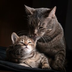 Obraz premium mom cat and her cub, AI generated