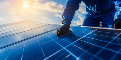 A close up of hands working on photovoltaic panel under bright sky, showcasing dedication to renewable energy. sunlight reflects off solar cells, emphasizing importance of sustainable technology