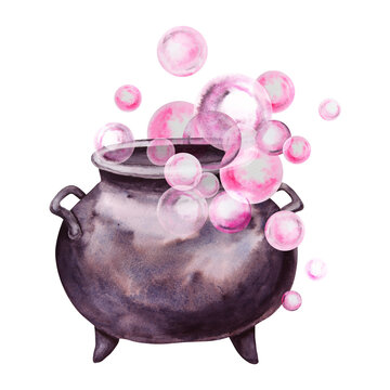 recommend clip art: Black cast iron cauldron for brewing potions. Esoteric attribute of a witch, sorcerer, gypsy, fortune teller, psychic. Clipart for Halloween, Sabbath, theme party. Watercolor hand-drawn illustration